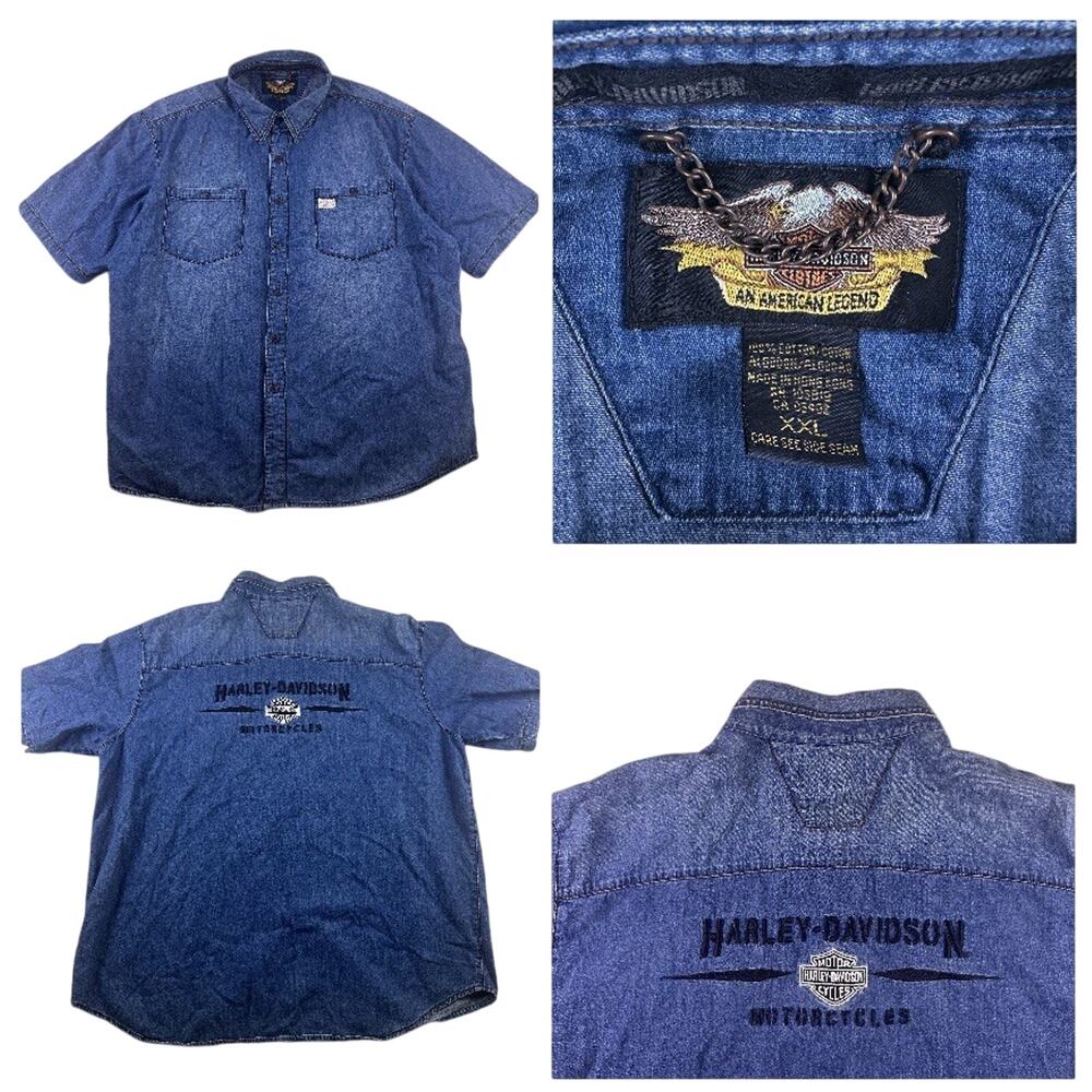 Vintage Harley Davidson Men’s XXL Denim Blue Mechanic Work Wear‎ Button down